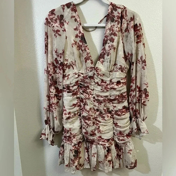 ASOS Floral red roses ruched body sheer mesh volume sleeves mini dress size 8 - Picture 2 of 7